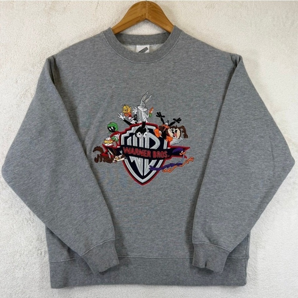 Vintage Warner Bros Studio Store Looney Tunes Embroidered Sweatshirt Gray Small